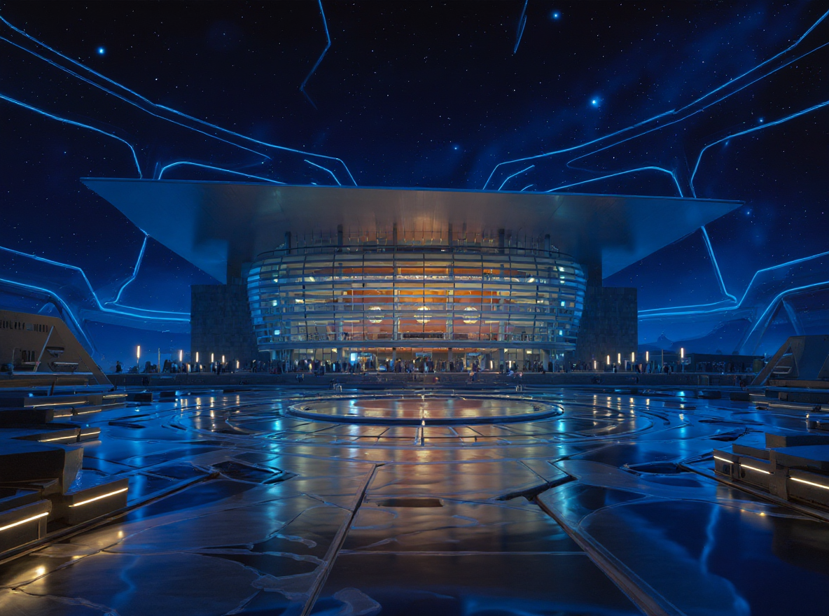 A futuristic, circular building illuminated with blue lights stands under a starry sky, featuring glowing lines and a reflective, patterned plaza in the foreground.